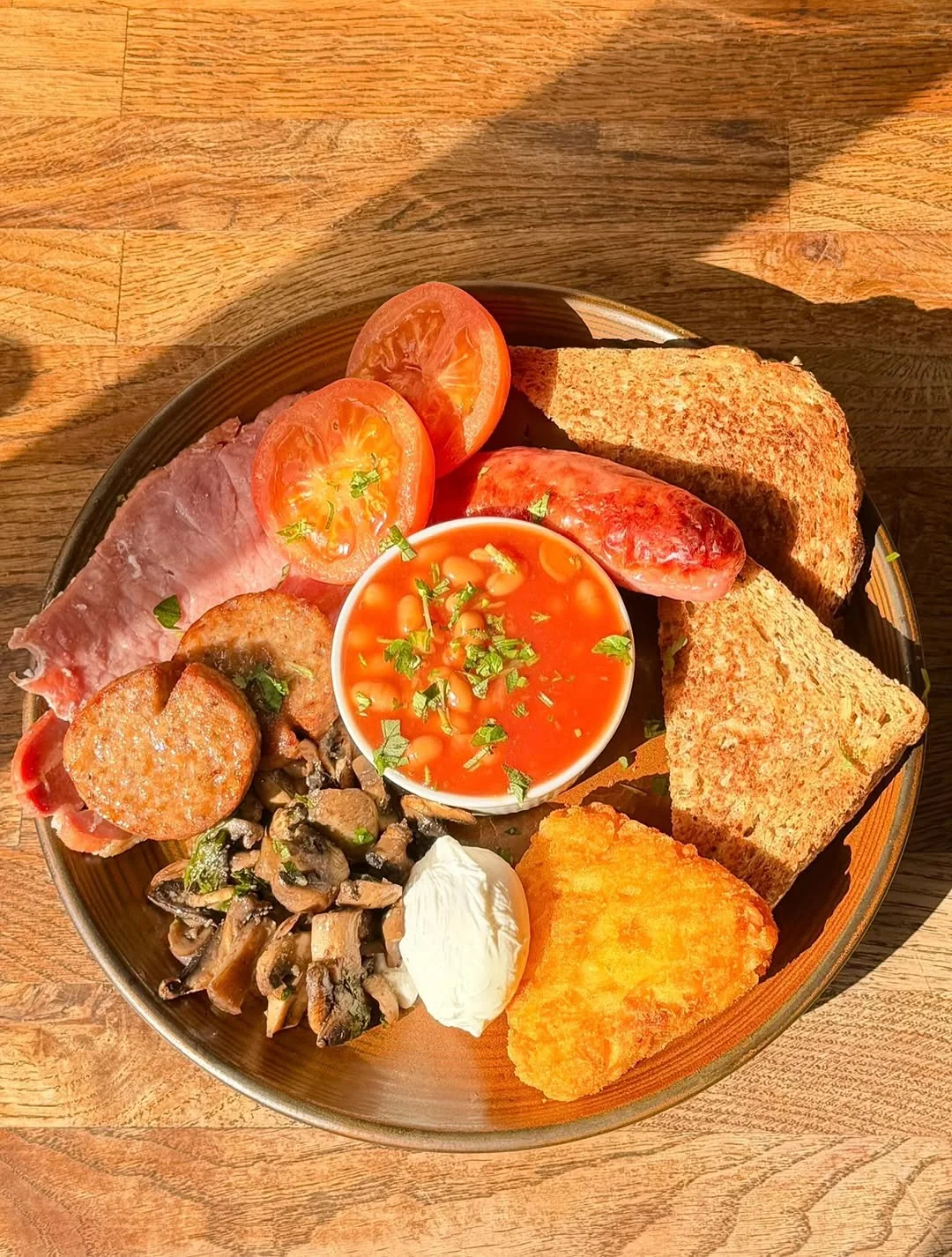 Breakfast plate in sunlight at The Pier Cafe